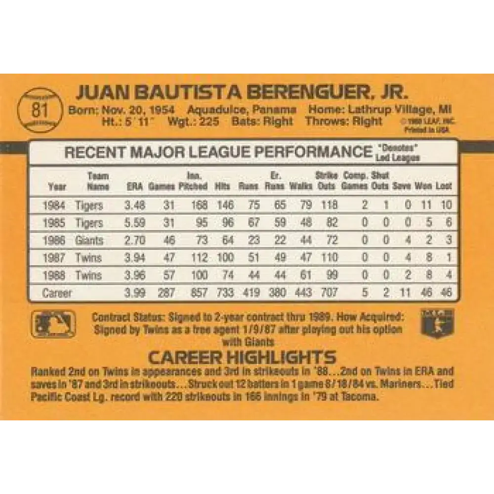 1989 Donruss #81 Juan Berenguer NM-MT Minnesota Twins Baseball Card - Baseball Card Single