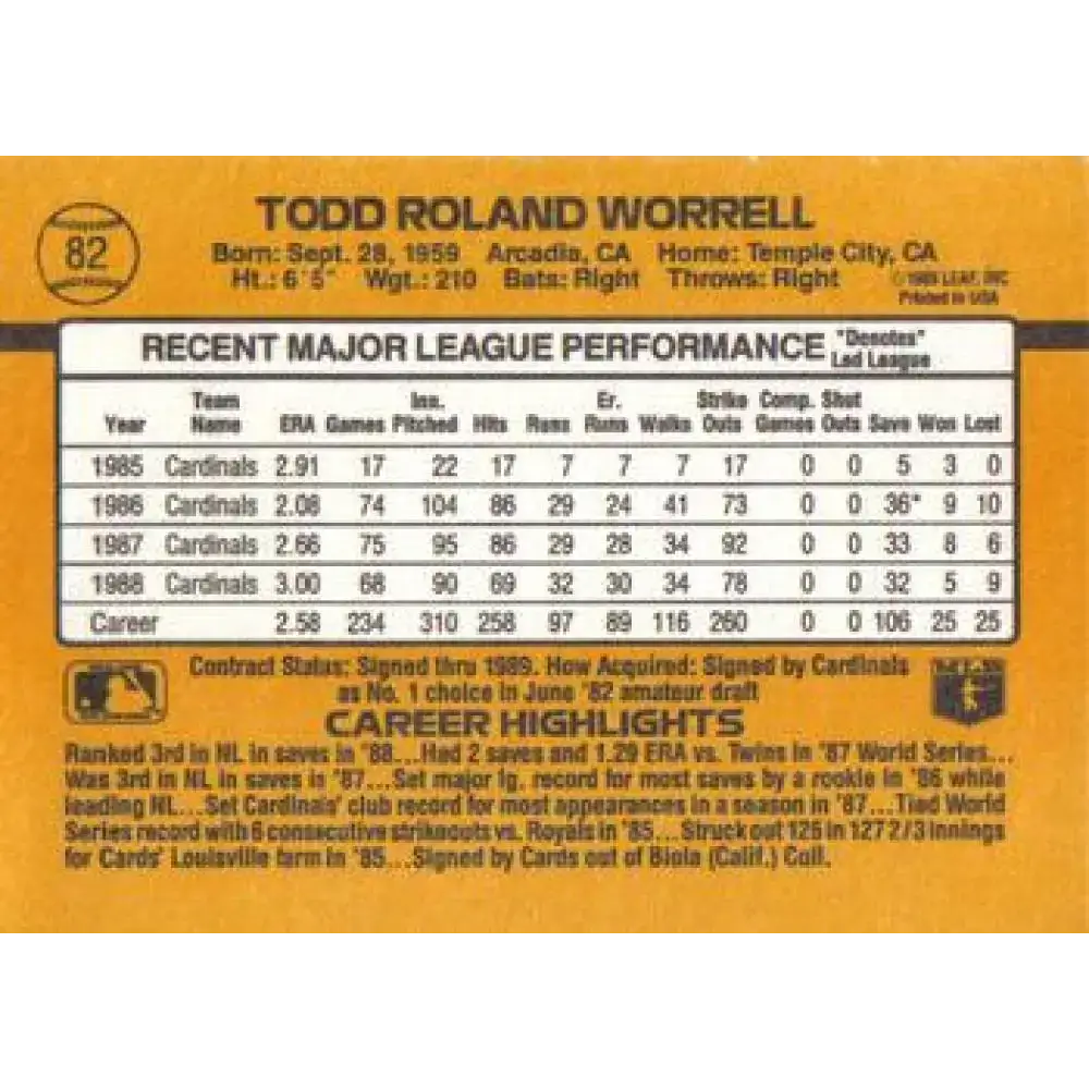 1989 Donruss #82 Todd Worrell NM-MT St. Louis Cardinals Baseball Card - Baseball Card Single