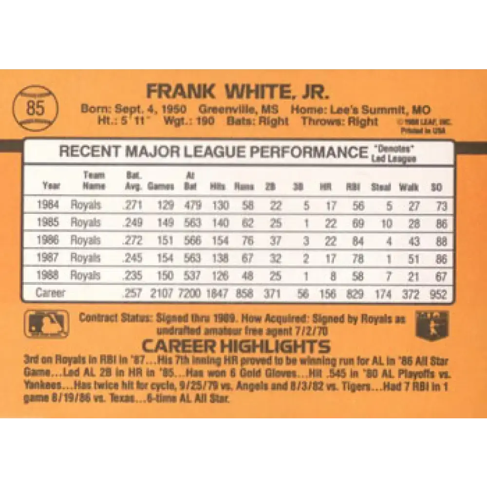 1989 Donruss #85 Frank White NM-MT Kansas City Royals Baseball Card - Baseball Card Single