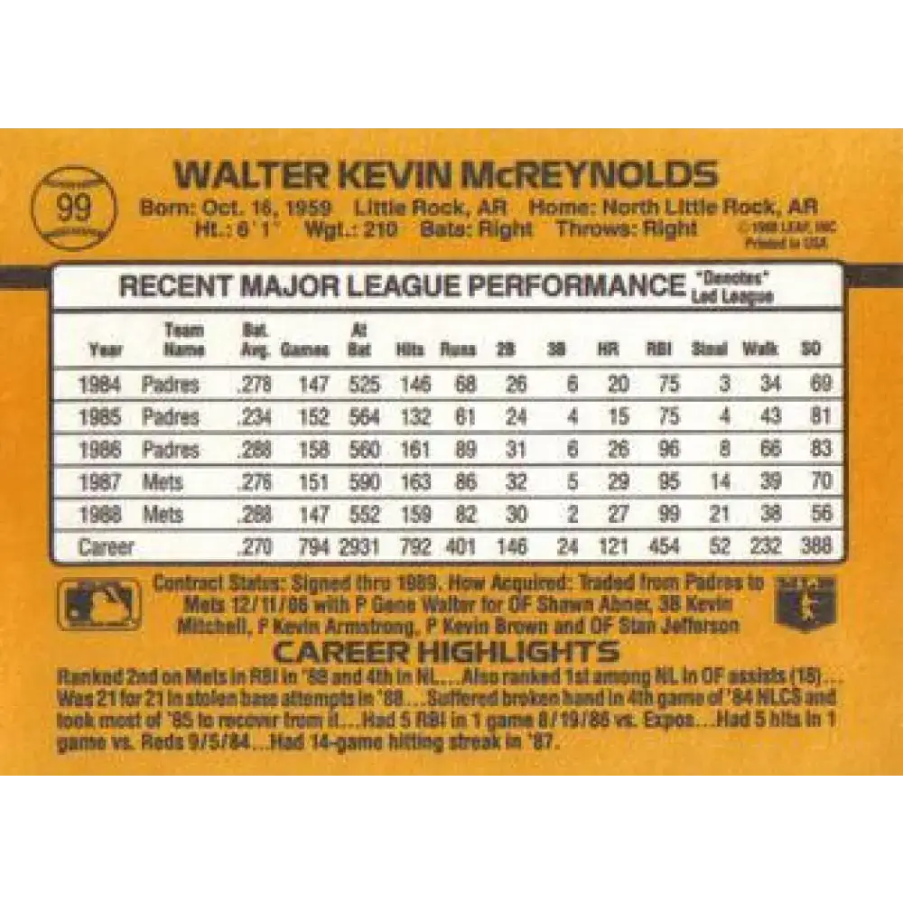 1989 Donruss #99 Kevin McReynolds NM-MT New York Mets Baseball Card - Baseball Card Single