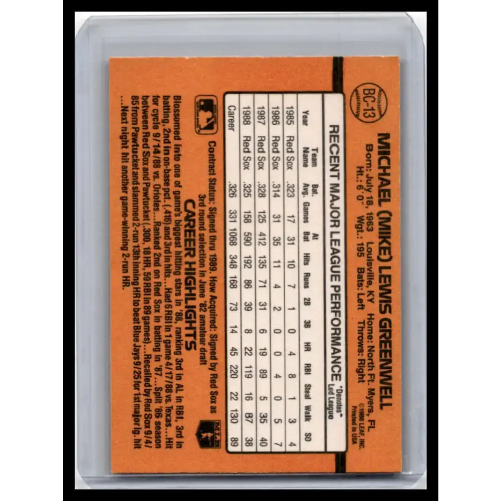 1989 Donruss #BC-13d Mike Greenwell NM-MT Boston Red Sox Baseball Card - Baseball Card Single