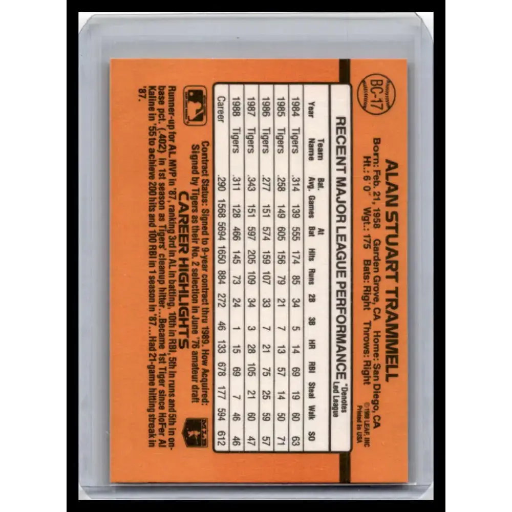 1989 Donruss #BC-17d Alan Trammell NM-MT Detroit Tigers Baseball Card - Baseball Card Single
