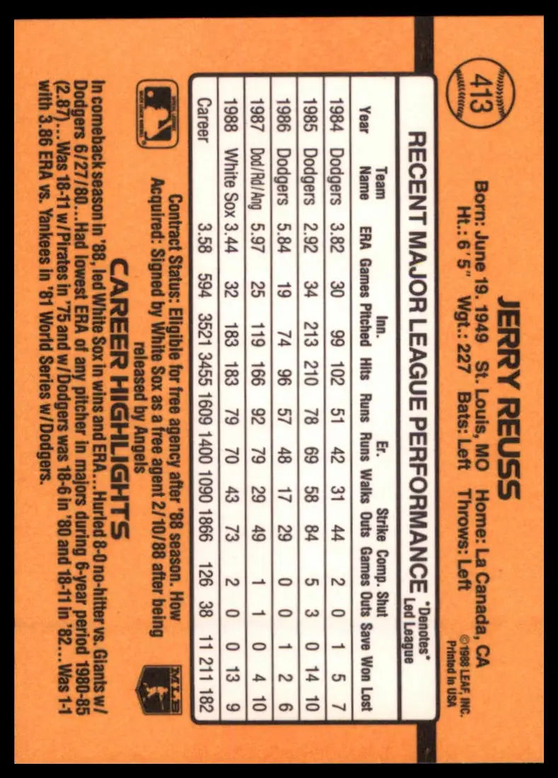 1989 Donruss Jerry Reuss 413 Chicago White Sox NM - Baseball Card Single