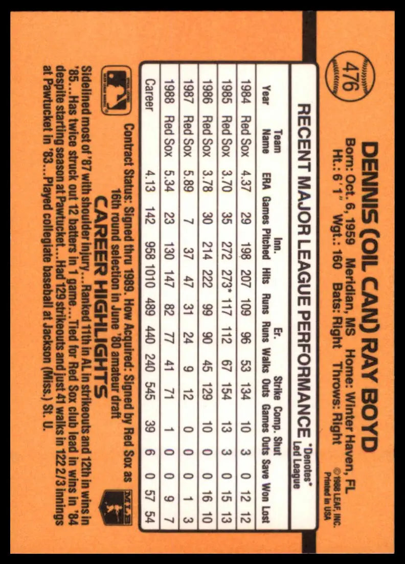 1989 Donruss Oil Can Boyd 476 Boston Red Sox NM - Baseball Card Single