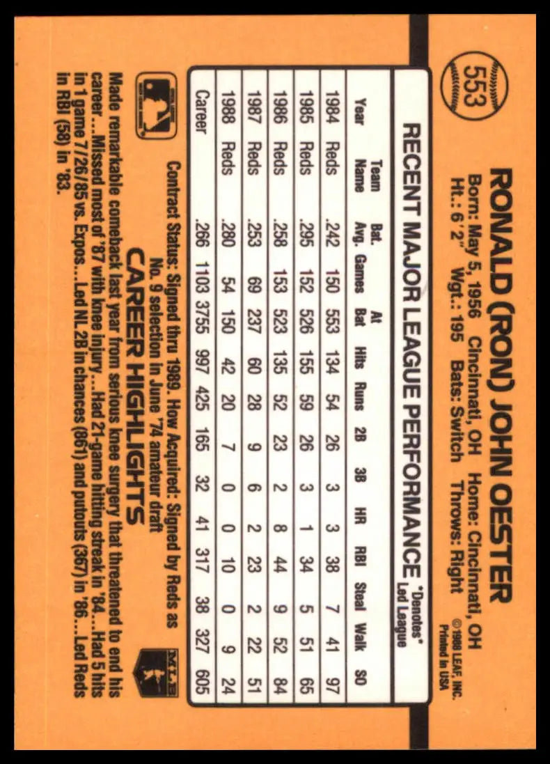 1989 Donruss Ron Oester 553 Cincinnati Reds NM - Baseball Card Single