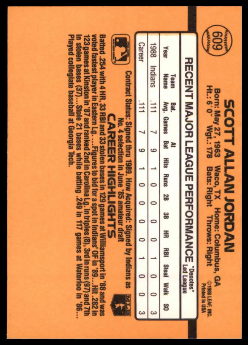 1989 Donruss Scott Jordan RC 609 Cleveland Indians NM - Baseball Card Single