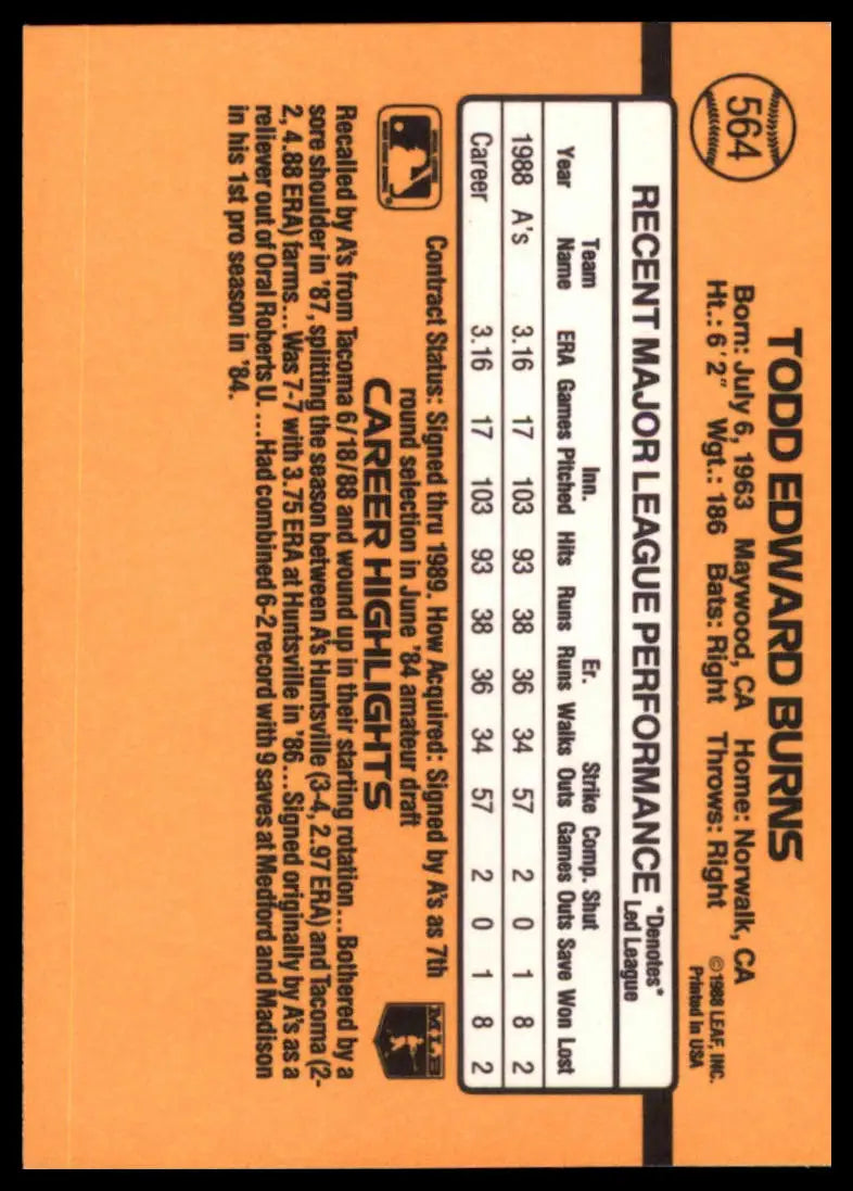 1989 Donruss Todd Burns RC 564 Oakland Athletics NM - Baseball Card Single