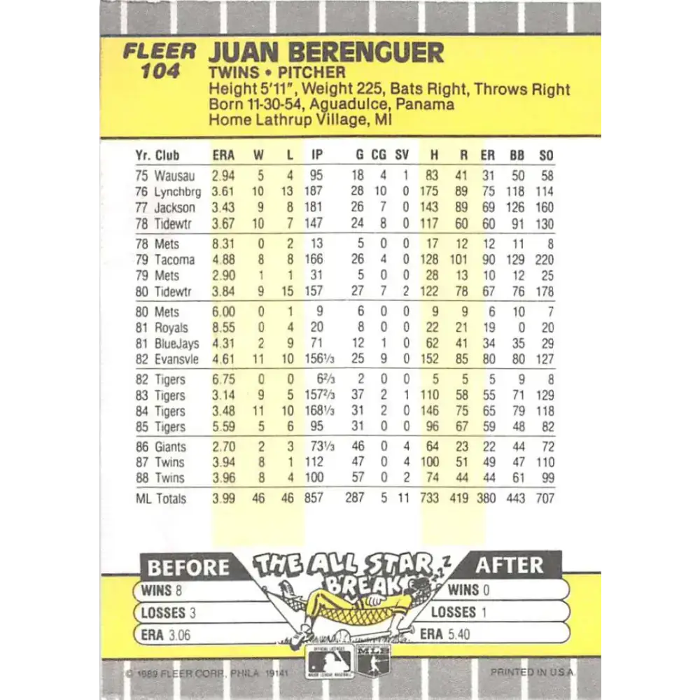 1989 Fleer #104 Juan Berenguer EX Excellent Minnesota Twins Baseball Card - Baseball Card Single