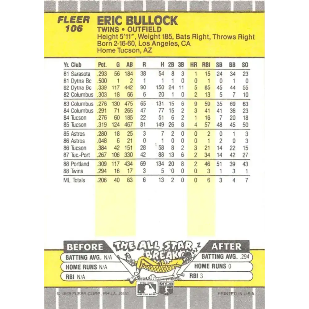 1989 Fleer #106 Eric Bullock EX Excellent RC Rookie Minnesota Twins Baseball Card - Baseball Card Single