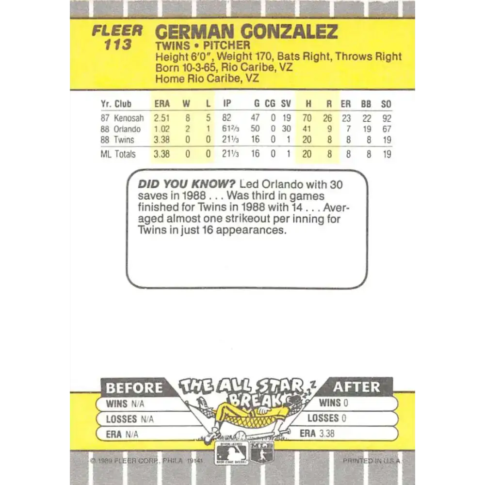 1989 Fleer #113 German Gonzalez EX Excellent RC Rookie Minnesota Twins Baseball Card - Baseball Card Single