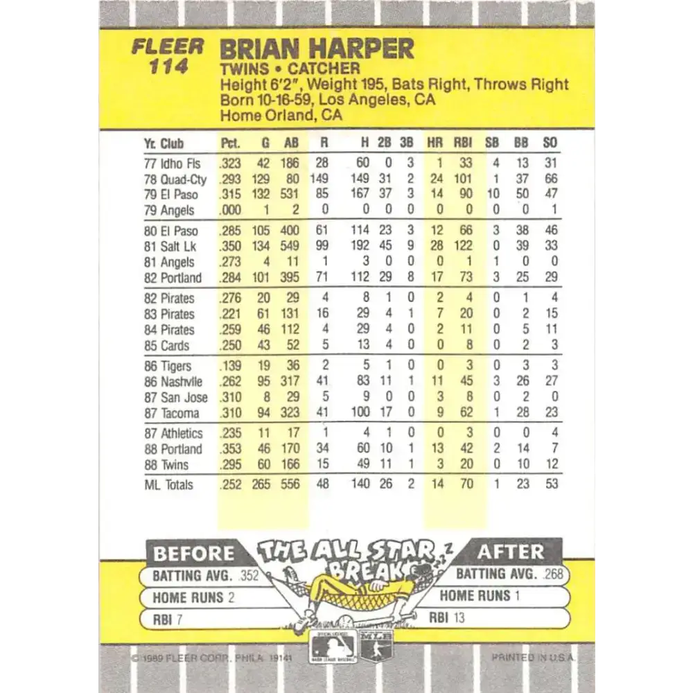 1989 Fleer #114 Brian Harper EX Excellent Minnesota Twins Baseball Card - Baseball Card Single