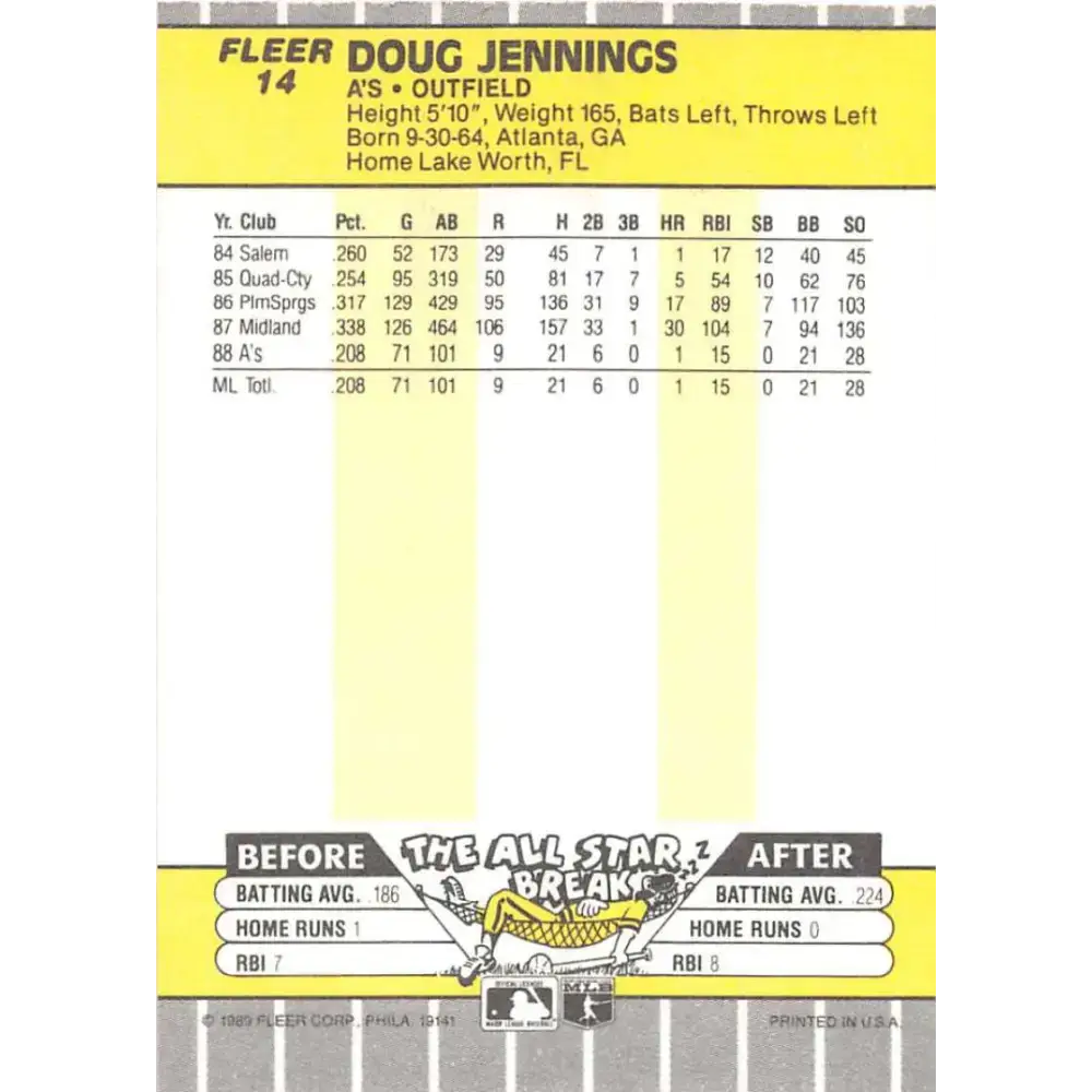 1989 Fleer #14 Doug Jennings EX Excellent RC Rookie Oakland Athletics Baseball Card - Baseball Card Single