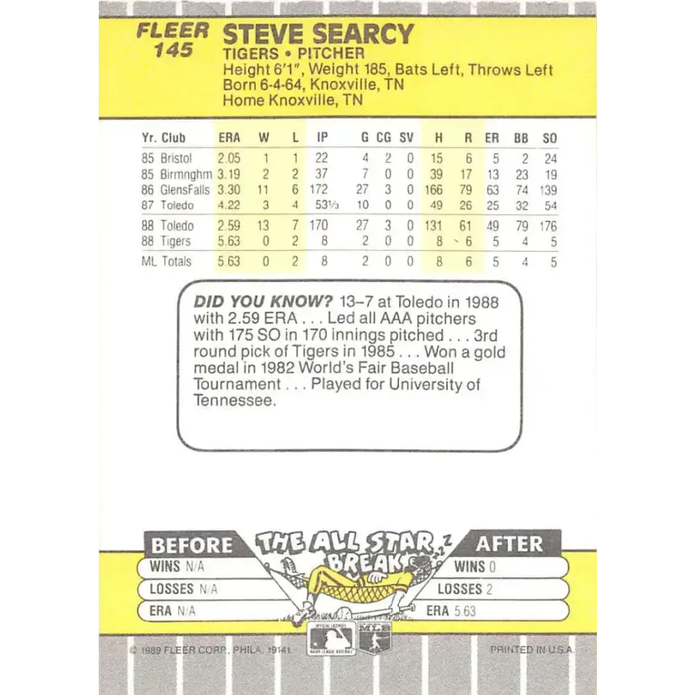 1989 Fleer #145 Steve Searcy EX Excellent Detroit Tigers Baseball Card - Baseball Card Single