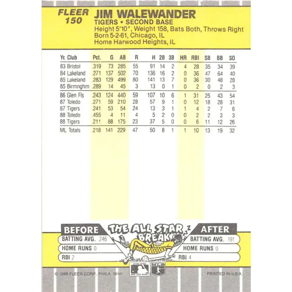 1989 Fleer #150 Jim Walewander EX Excellent Detroit Tigers Baseball Card - Baseball Card Single