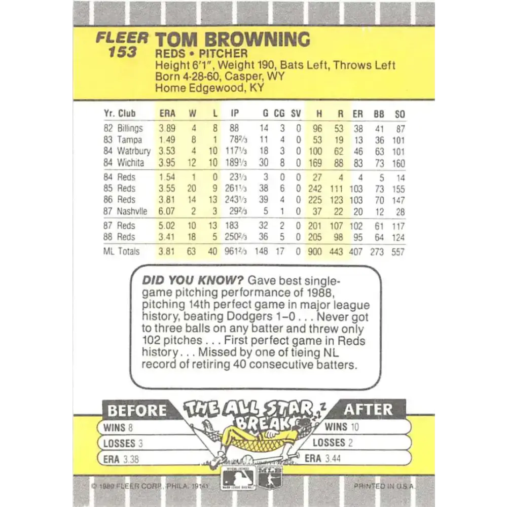 1989 Fleer #153 Tom Browning EX Excellent Cincinnati Reds Baseball Card - Baseball Card Single