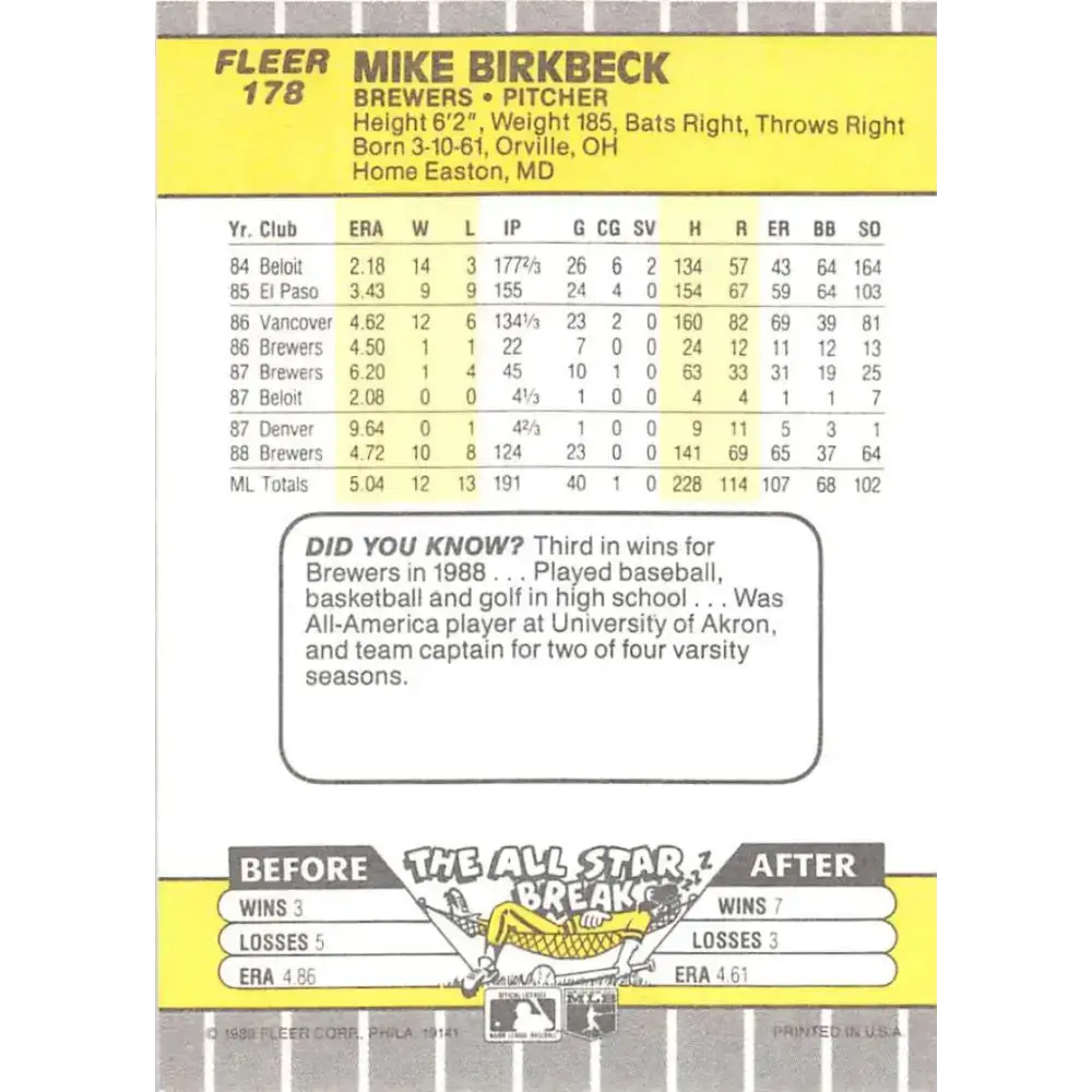 1989 Fleer #178 Mike Birkbeck EX Excellent Milwaukee Brewers Baseball Card - Baseball Card Single