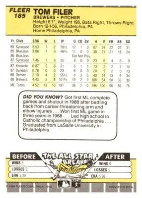 1989 Fleer #185 Tom Filer - Baseball Card Single