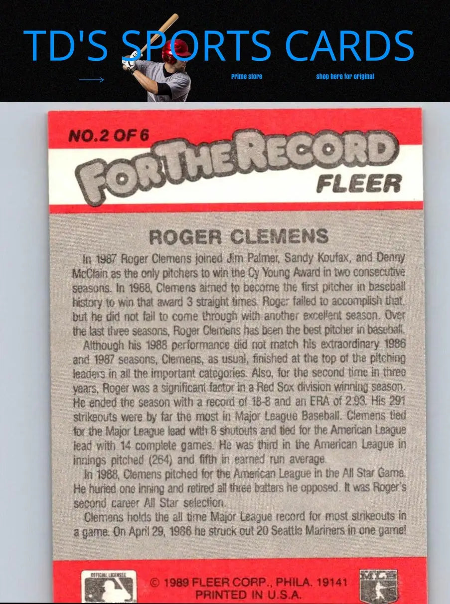 Back side of 1989 Fleer Roger Clemens baseball card showcasing player stats