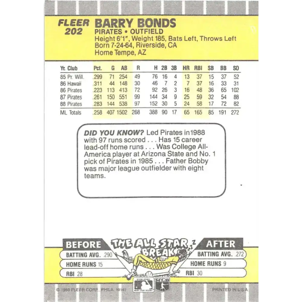 1989 Fleer #202 Barry Bonds EX Excellent Pittsburgh Pirates Baseball Card - Baseball Card Single