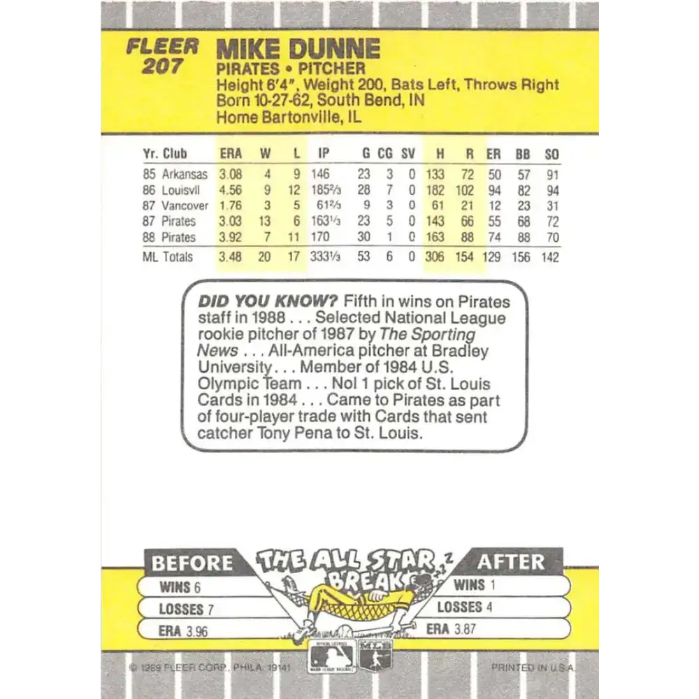 1989 Fleer #207 Mike Dunne EX Excellent Pittsburgh Pirates Baseball Card - Baseball Card Single