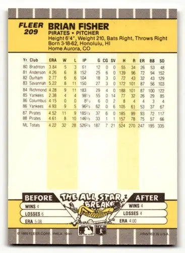 Original gloss Brian Fisher Pittsburgh Pirates baseball card from 1989 Fleer #209
