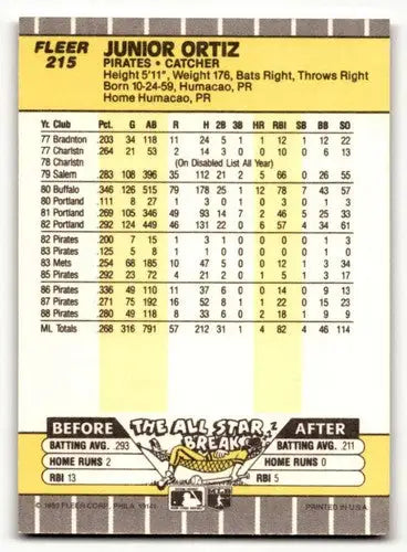 Original gloss Junior Ortiz Pittsburgh Pirates baseball card from 1989 Fleer #215