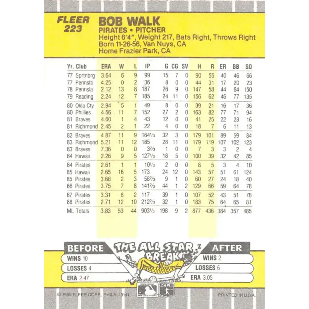 1989 Fleer #223 Bob Walk EX Excellent Pittsburgh Pirates Baseball Card - Baseball Card Single