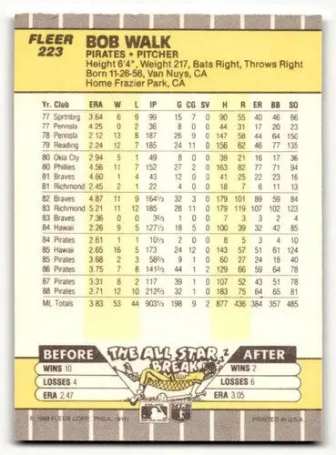 Original gloss 1989 Fleer Bob Walk Pittsburgh Pirates baseball card front image