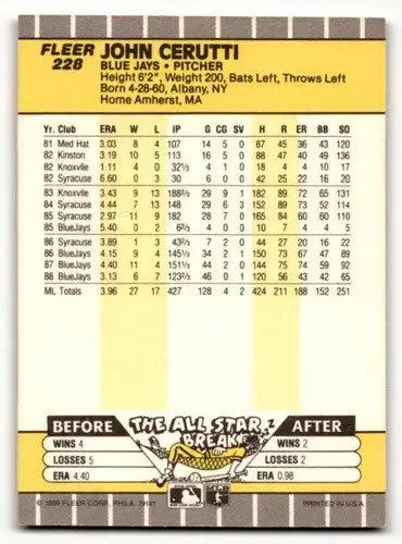 Original gloss 1989 Fleer John Cerutti Toronto Blue Jays baseball card, Cerutti Toronto Blue