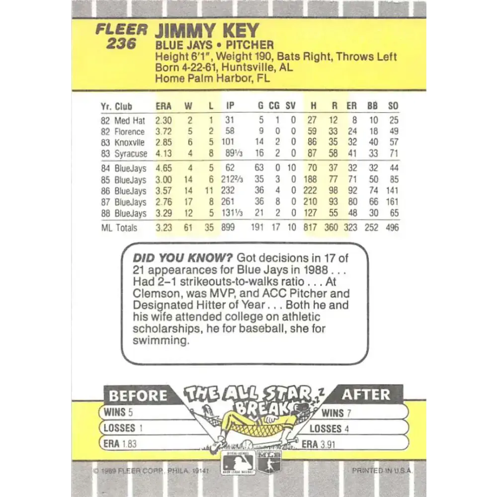 1989 Fleer #236 Jimmy Key EX Excellent Toronto Blue Jays Baseball Card - Baseball Card Single