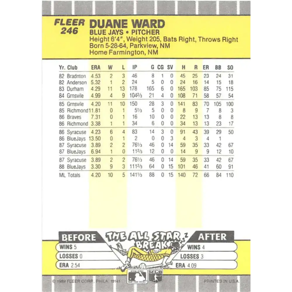 1989 Fleer #246 Duane Ward EX Excellent Toronto Blue Jays Baseball Card - Baseball Card Single