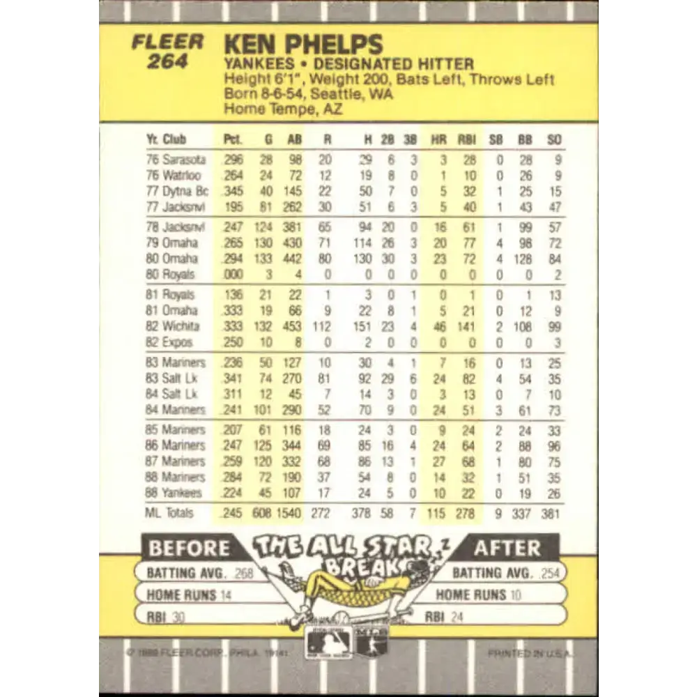1989 Fleer #264 Ken Phelps EX Excellent New York Yankees Baseball Card - Baseball Card Single