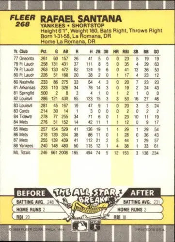 1989 Fleer Rafael Santana baseball card with original gloss and NM-MT condition