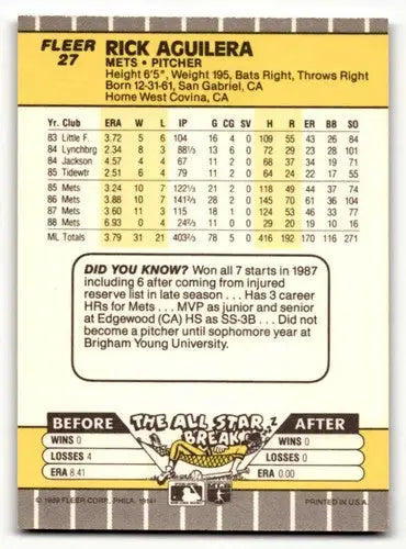 Original gloss Rick Aguilera Mets baseball card from 1989 Fleer #27 NM near mint
