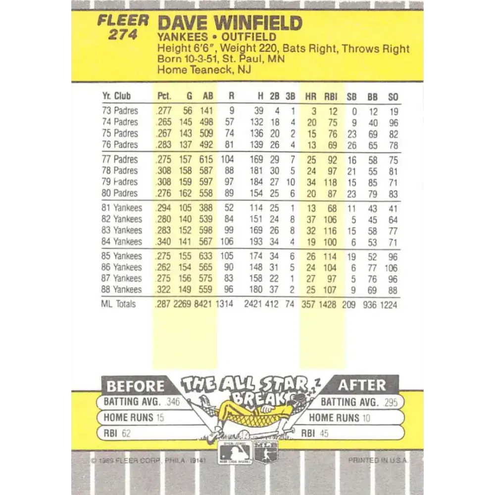 1989 Fleer #274 Dave Winfield EX Excellent New York Yankees Baseball Card - Baseball Card Single