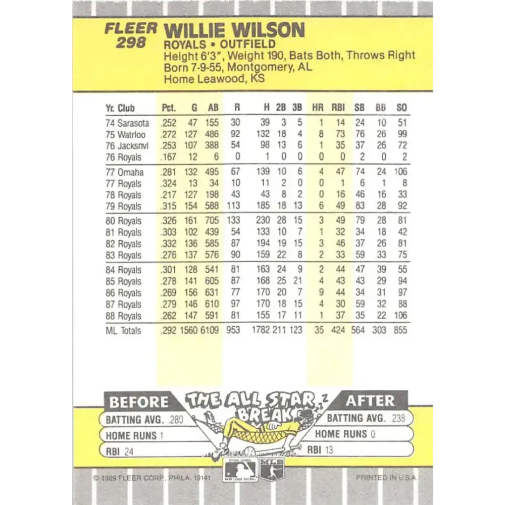 1989 Fleer #298 Willie Wilson EX Excellent Kansas City Royals Baseball Card