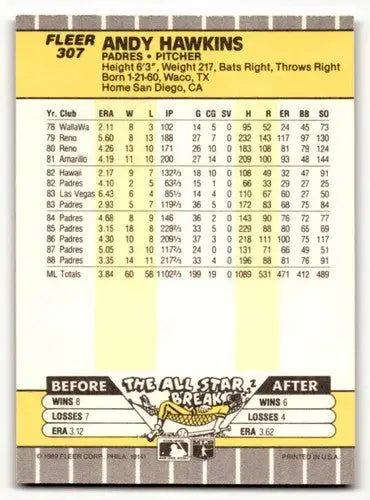 Original gloss Andy Hawkins San Diego baseball card from 1989 Fleer #307