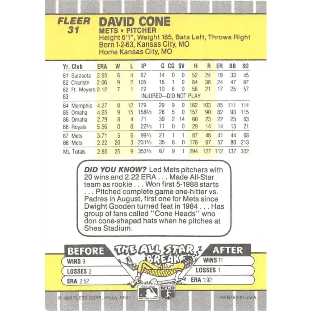 1989 Fleer #31 David Cone EX Excellent New York Mets Baseball Card - Baseball Card Single