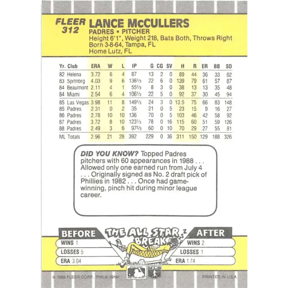 1989 Fleer #312 Lance McCullers EX Excellent San Diego Padres Baseball Card - Baseball Card Single