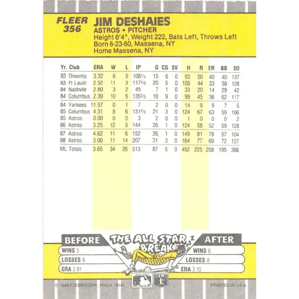 1989 Fleer #356 Jim Deshaies EX Excellent Houston Astros Baseball Card - Baseball Card Single