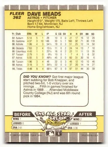 1989 Fleer Dave Meads Houston Astros baseball card with original gloss NM-MT rare