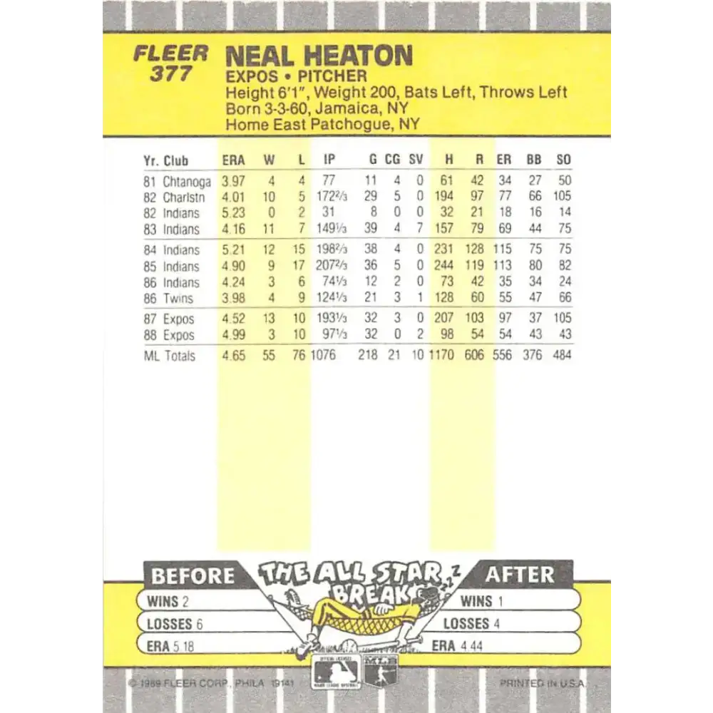 1989 Fleer #377 Neal Heaton EX Excellent Montreal Expos Baseball Card - Baseball Card Single