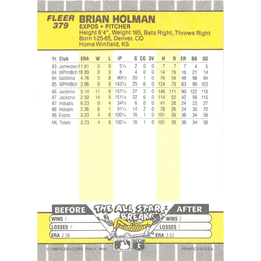 1989 Fleer #379 Brian Holman EX Excellent RC Rookie Montreal Expos Baseball Card - Baseball Card Single