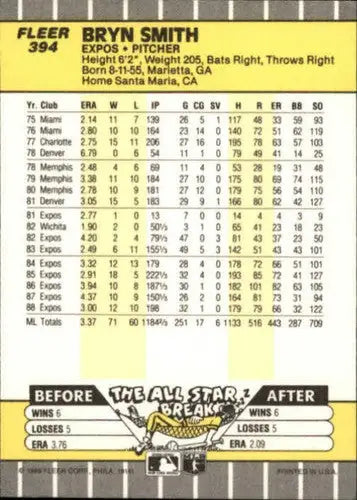 1989 Fleer Bryn Smith NM-MT Expos baseball card with original gloss, perfect for sports cards collection