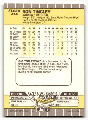 Ron Tingley Cleveland Indians baseball card from 1989 Fleer #414, NM near mint
