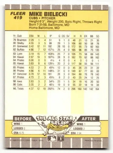 Original gloss Mike Bielecki Chicago baseball card from 1989 Fleer #419 Bielecki Chicago Cubs