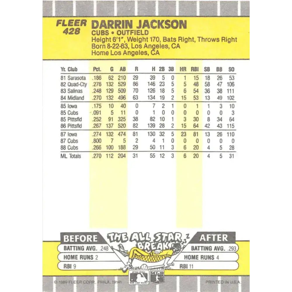 1989 Fleer #428 Darrin Jackson EX Excellent Chicago Cubs Baseball Card - Baseball Card Single