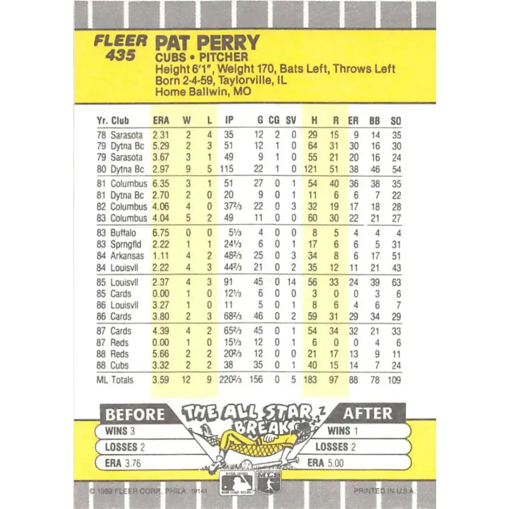 1989 Fleer #435 Pat Perry EX Excellent Chicago Cubs Baseball Card - Baseball Card Single