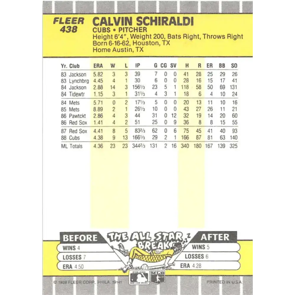 1989 Fleer #438 Calvin Schiraldi EX Excellent Chicago Cubs Baseball Card - Baseball Card Single