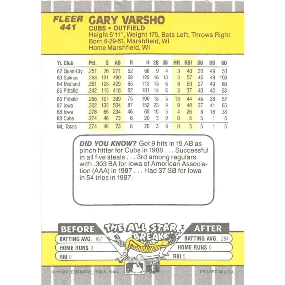 1989 Fleer #441 Gary Varsho EX Excellent Chicago Cubs Baseball Card - Baseball Card Single